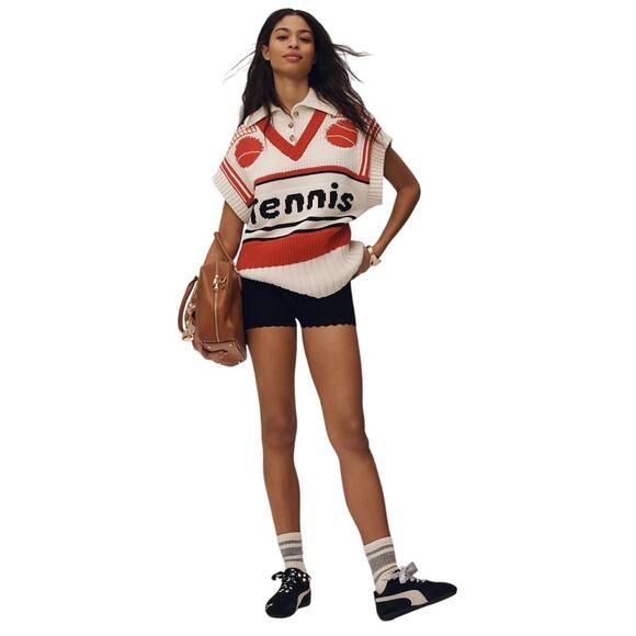NEW NWT Maeve Tennis Vest Sweater Collared Pullover Cream Red Size S - Picture 1 of 10